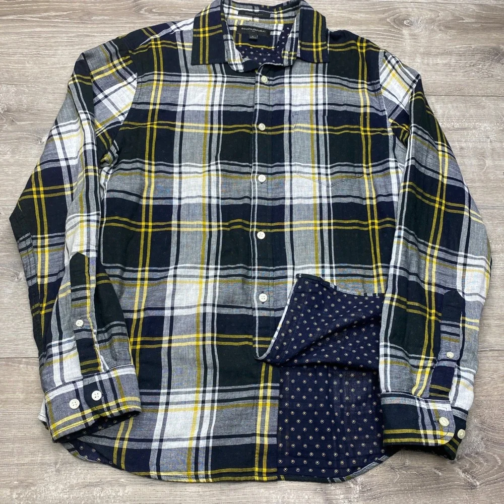 Banana Republic Flannel Shirt Mens L Navy Yellow Good Untucked Slim Fit Plaid